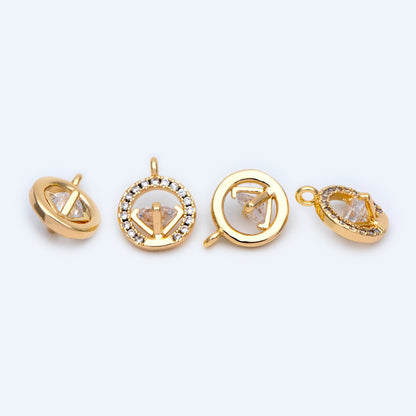 10pcs Gold plated Brass Round Diamond Charm 13x10mm, CZ pave Diamond Pendant (GB-1275)