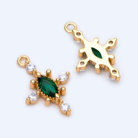 10pcs CZ pave Emerald Charm 17x11mm, Gold Plated Brass Cross Charm Pendant (GB-1276)