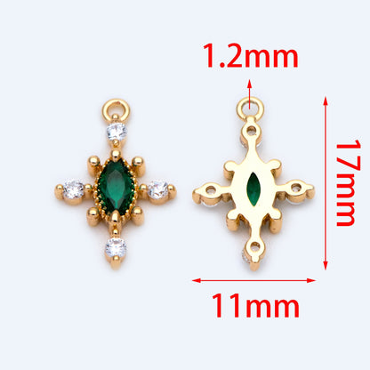10pcs CZ pave Emerald Charm 17x11mm, Gold Plated Brass Cross Charm Pendant (GB-1276)