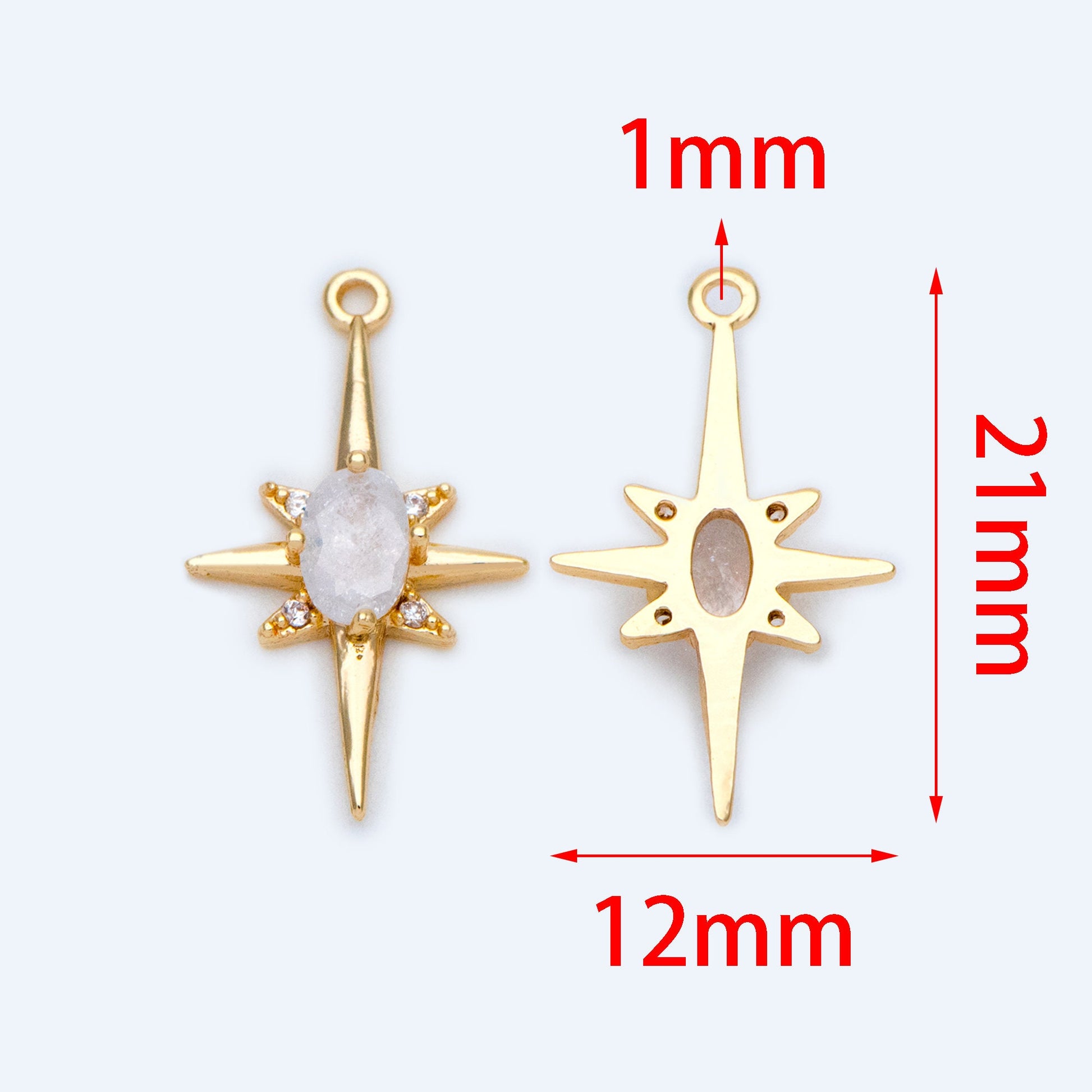 10pcs Gold/ Rhodium plated Brass Star Charms 21x12mm, White Gemstone Pave Star Pendants (GB-924-H)