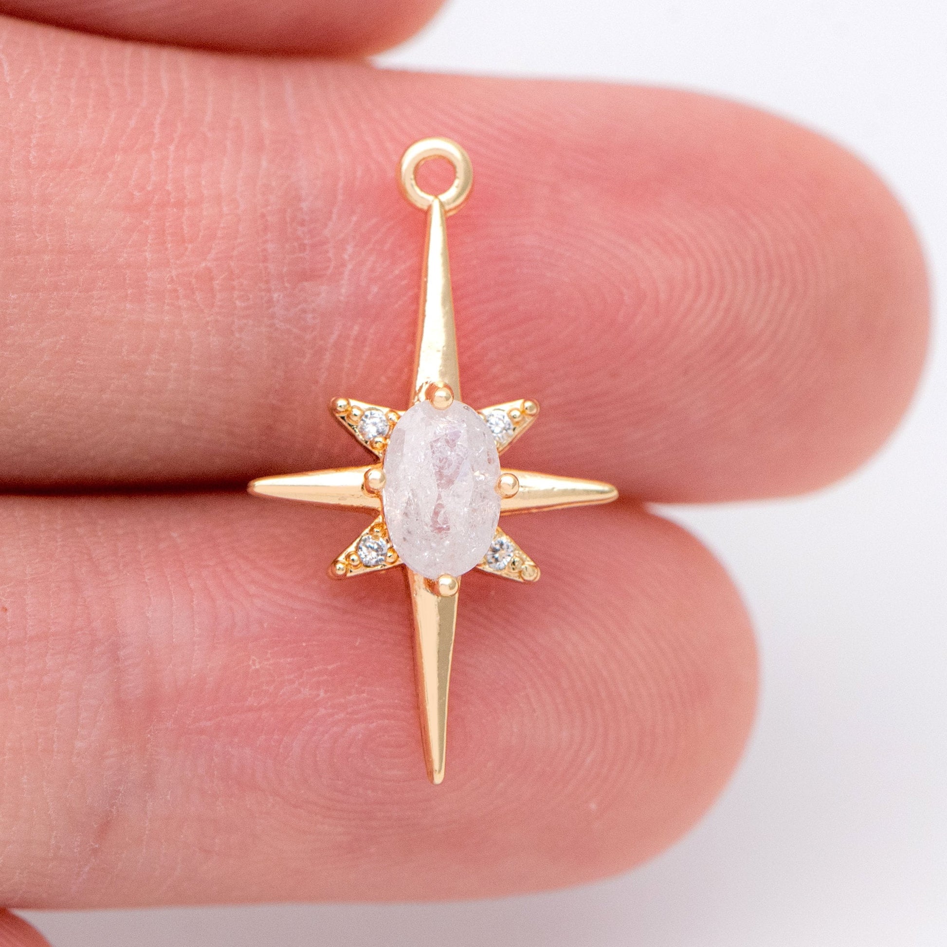 10pcs Gold/ Rhodium plated Brass Star Charms 21x12mm, White Gemstone Pave Star Pendants (GB-924-H)