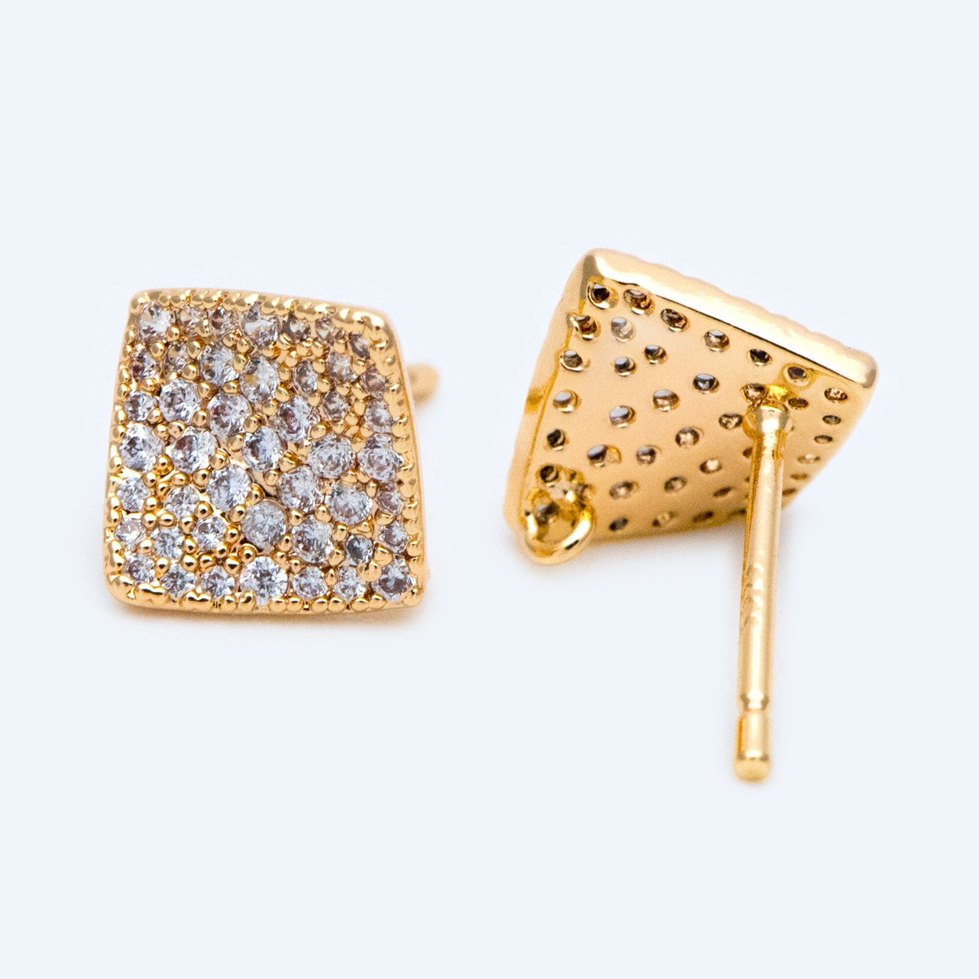 4pcs Micro Pave CZ Square Earring with Loop 11x10mm, Real Gold Plated Brass Geometric Earring Studs (GB-1287)