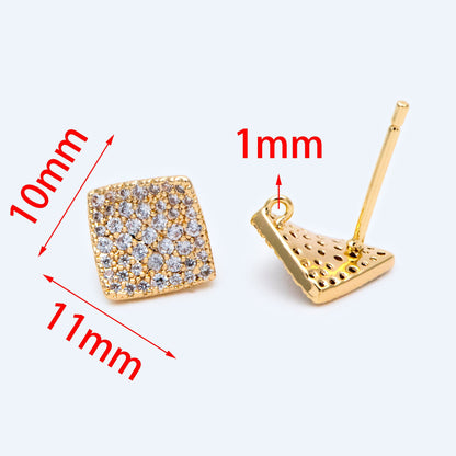 4pcs Micro Pave CZ Square Earring with Loop 11x10mm, Real Gold Plated Brass Geometric Earring Studs (GB-1287)