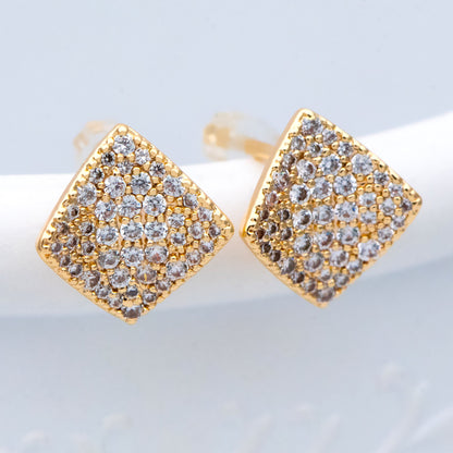 4pcs Micro Pave CZ Square Earring with Loop 11x10mm, Real Gold Plated Brass Geometric Earring Studs (GB-1287)