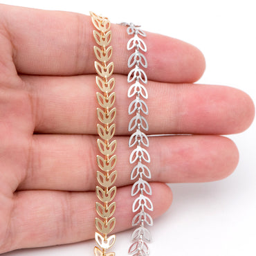 Gold/ Silver tone Flat Chevron Chain 6.3mm, Real Gold/ Rhodium plated Brass, Decorative Leaf Chain (#LK-161)/ 1 Meter=3.3ft