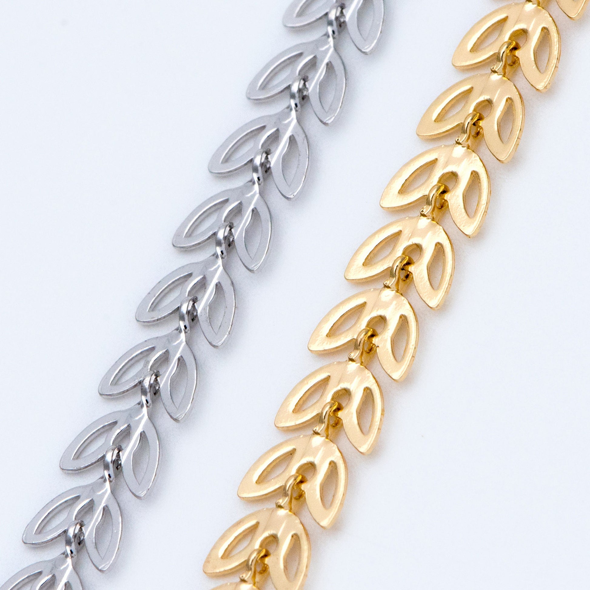 Gold/ Silver tone Flat Chevron Chain 6.3mm, Real Gold/ Rhodium plated Brass, Decorative Leaf Chain (#LK-161)/ 1 Meter=3.3ft
