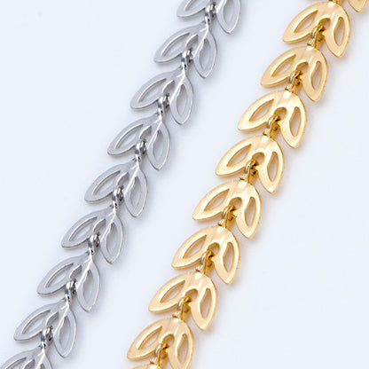 Gold/ Silver tone Flat Chevron Chain 6.3mm, Real Gold/ Rhodium plated Brass, Decorative Leaf Chain (#LK-161)/ 1 Meter=3.3ft