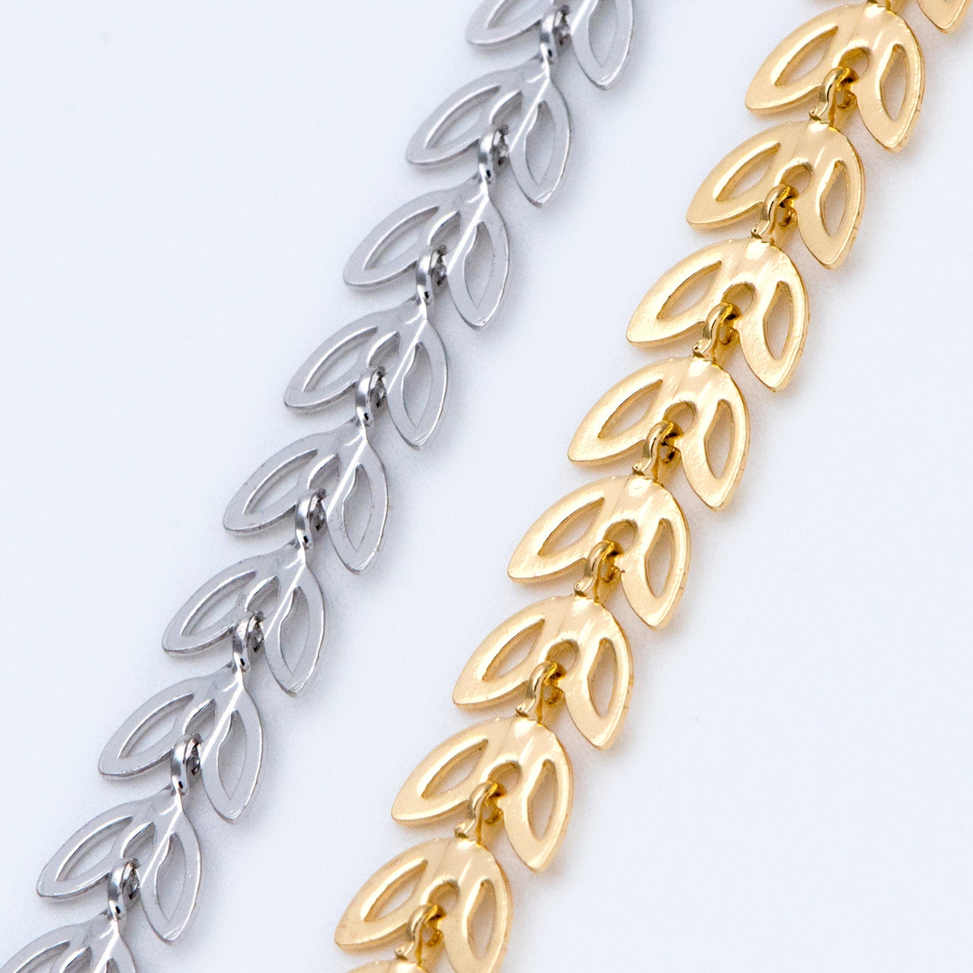 Gold/ Silver tone Flat Chevron Chain 6.3mm, Real Gold/ Rhodium plated Brass, Decorative Leaf Chain (#LK-161)/ 1 Meter=3.3ft