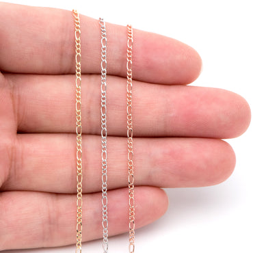 Gold/ Silver/ Rose God Figaro Chains, Real Gold/ Rhodium plated Brass, Color Not Easily Tarnish (#LK-168)/ 1 Meter=3.3 ft
