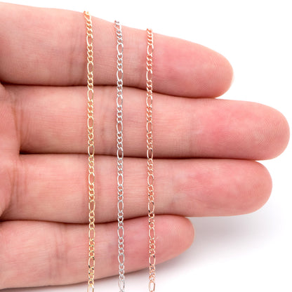 Gold/ Silver/ Rose God Figaro Chains, Real Gold/ Rhodium plated Brass, Color Not Easily Tarnish (#LK-168)/ 1 Meter=3.3 ft