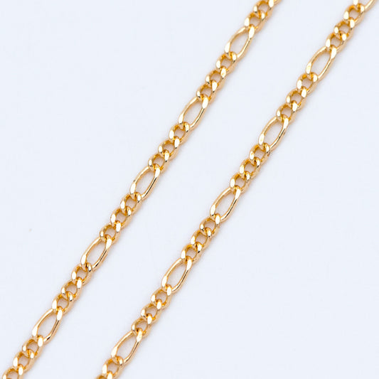 Gold/ Silver/ Rose God Figaro Chains, Real Gold/ Rhodium plated Brass, Color Not Easily Tarnish (#LK-168)/ 1 Meter=3.3 ft