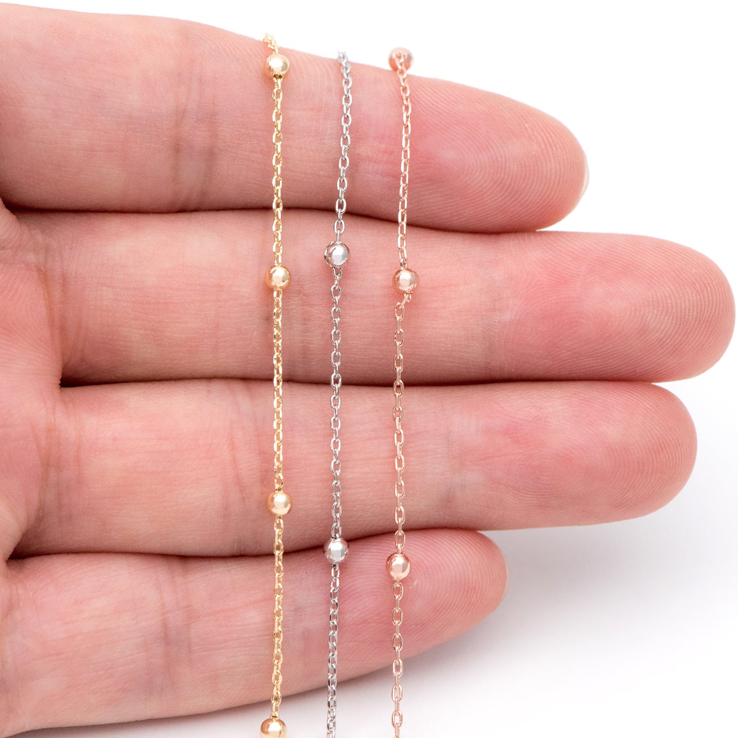 Gold/ Silver/ Rose Gold Satellite Chains, 1.1mm Chain with 2.5mm Round Beads, Color Not Easily Tarnish (#LK-170)/ 1 Meter=3.3 ft