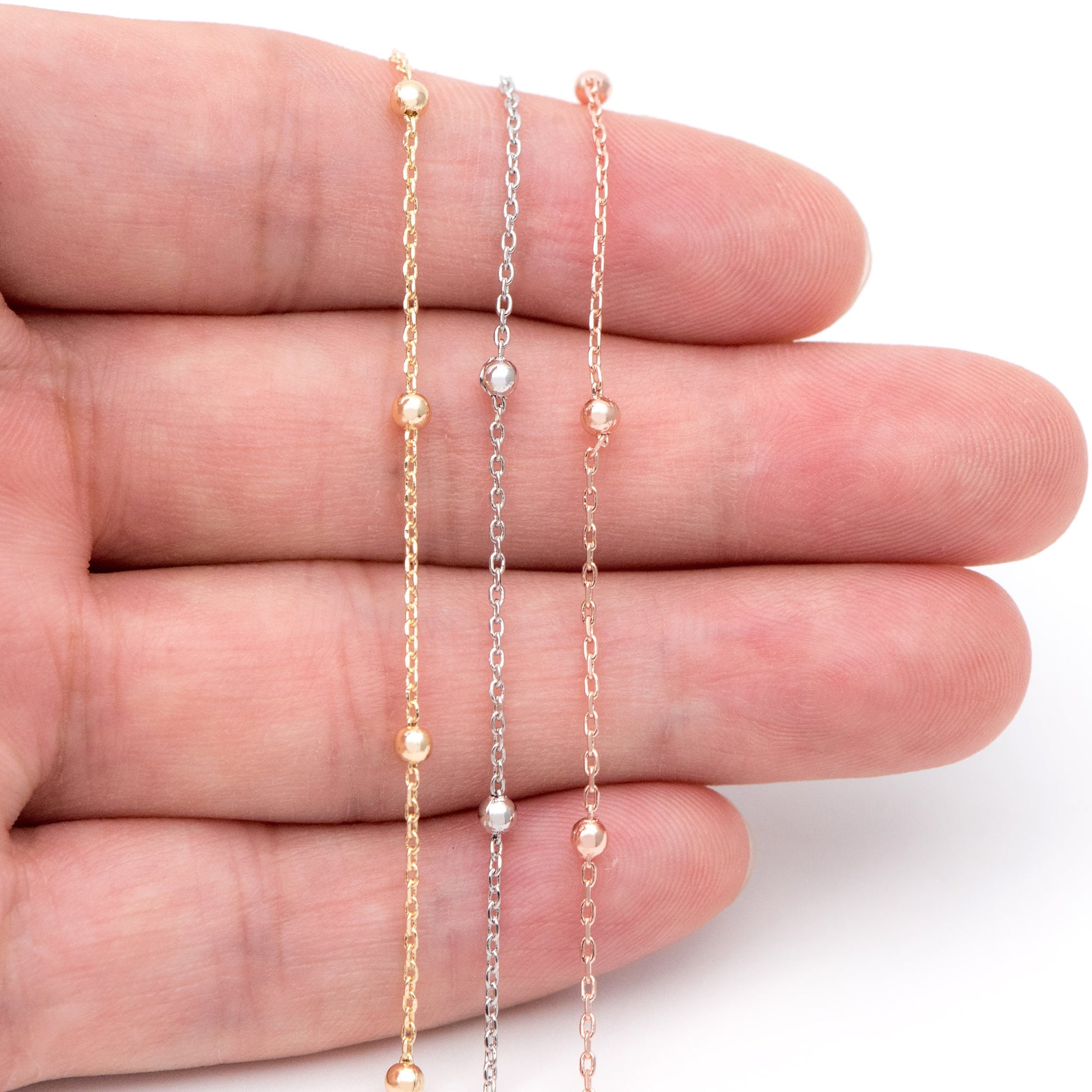 Gold/ Silver/ Rose Gold Satellite Chains, 1.1mm Chain with 2.5mm Round Beads, Color Not Easily Tarnish (#LK-170)/ 1 Meter=3.3 ft