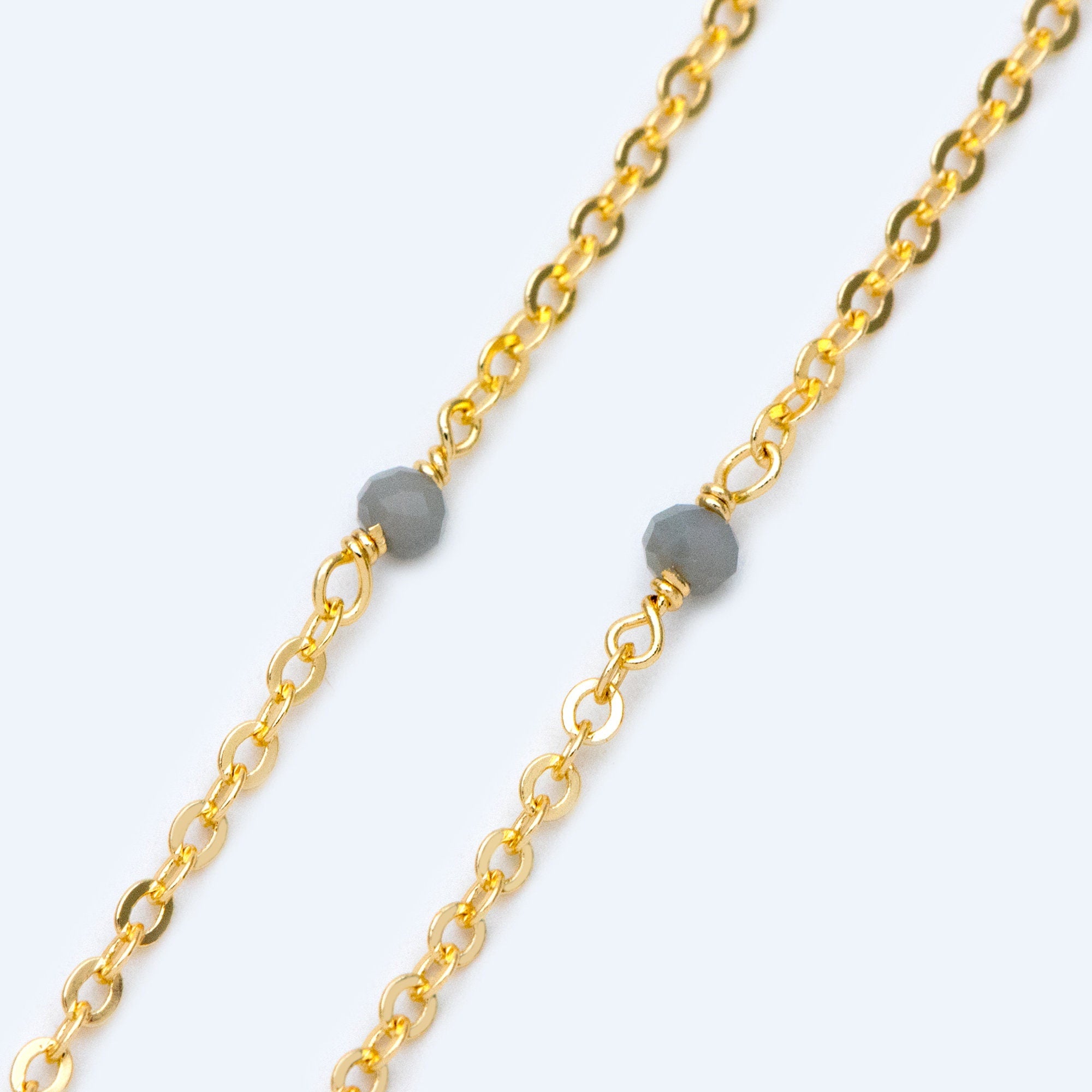 Gold plated Brass Crystal Bead Chains, 1.8mm Beaded Chains with 3mm Glass Rondelles, Black Grey White (#LK-145)/ 1 Meter=3.3 ft