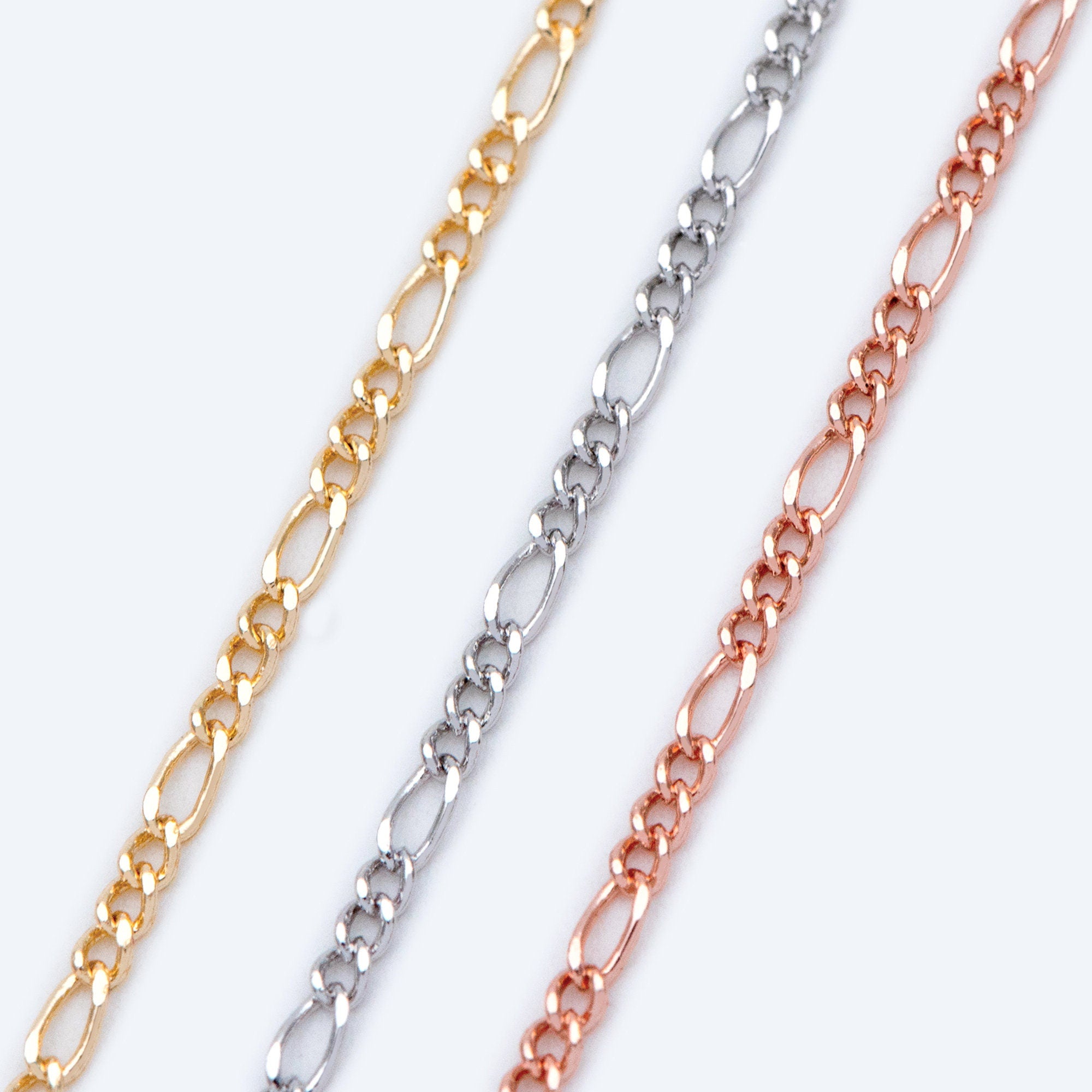 Gold/ Silver/ Rose God Figaro Chains, Real Gold/ Rhodium plated Brass, Color Not Easily Tarnish (#LK-168)/ 1 Meter=3.3 ft