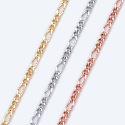 Gold/ Silver/ Rose God Figaro Chains, Real Gold/ Rhodium plated Brass, Color Not Easily Tarnish (#LK-168)/ 1 Meter=3.3 ft