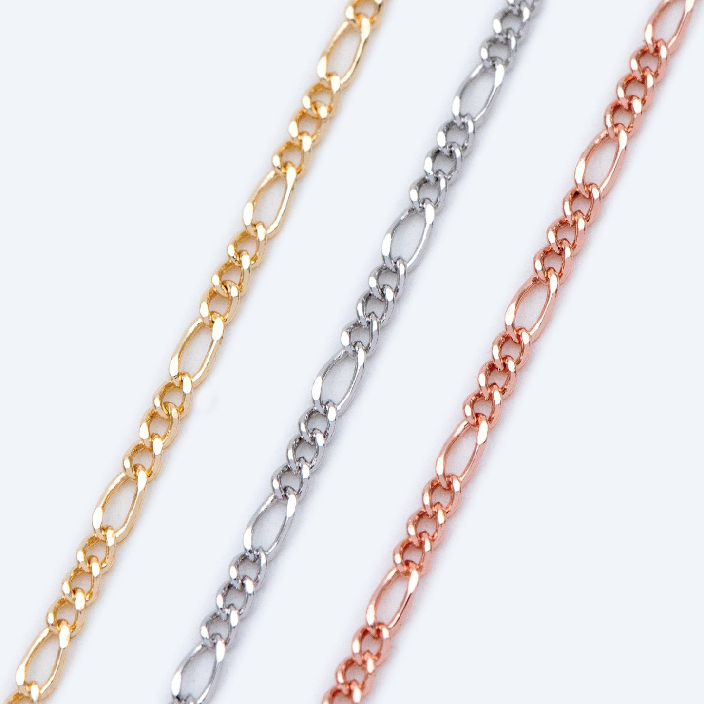 Gold/ Silver/ Rose God Figaro Chains, Real Gold/ Rhodium plated Brass, Color Not Easily Tarnish (#LK-168)/ 1 Meter=3.3 ft