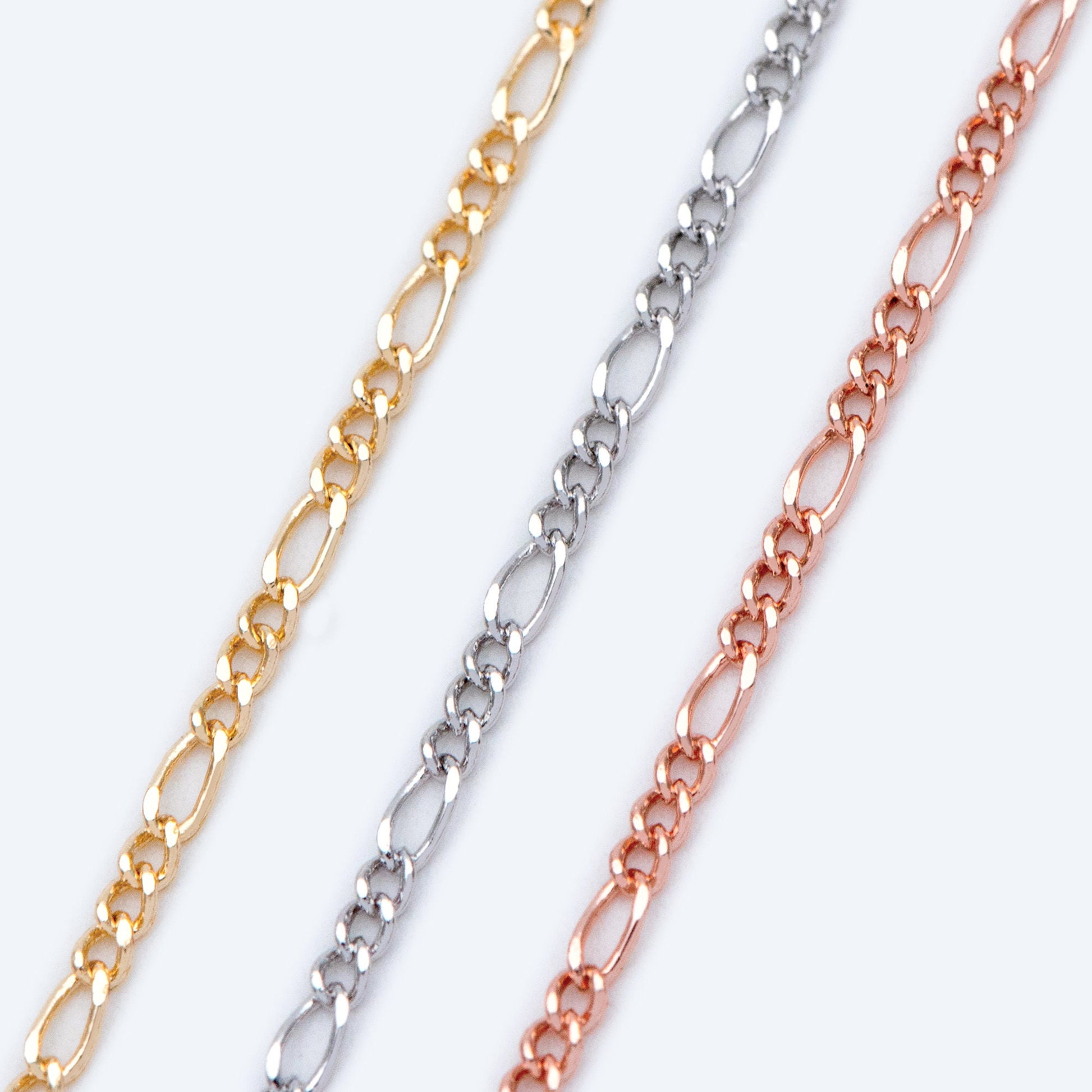 Gold/ Silver/ Rose God Figaro Chains, Real Gold/ Rhodium plated Brass, Color Not Easily Tarnish (#LK-168)/ 1 Meter=3.3 ft