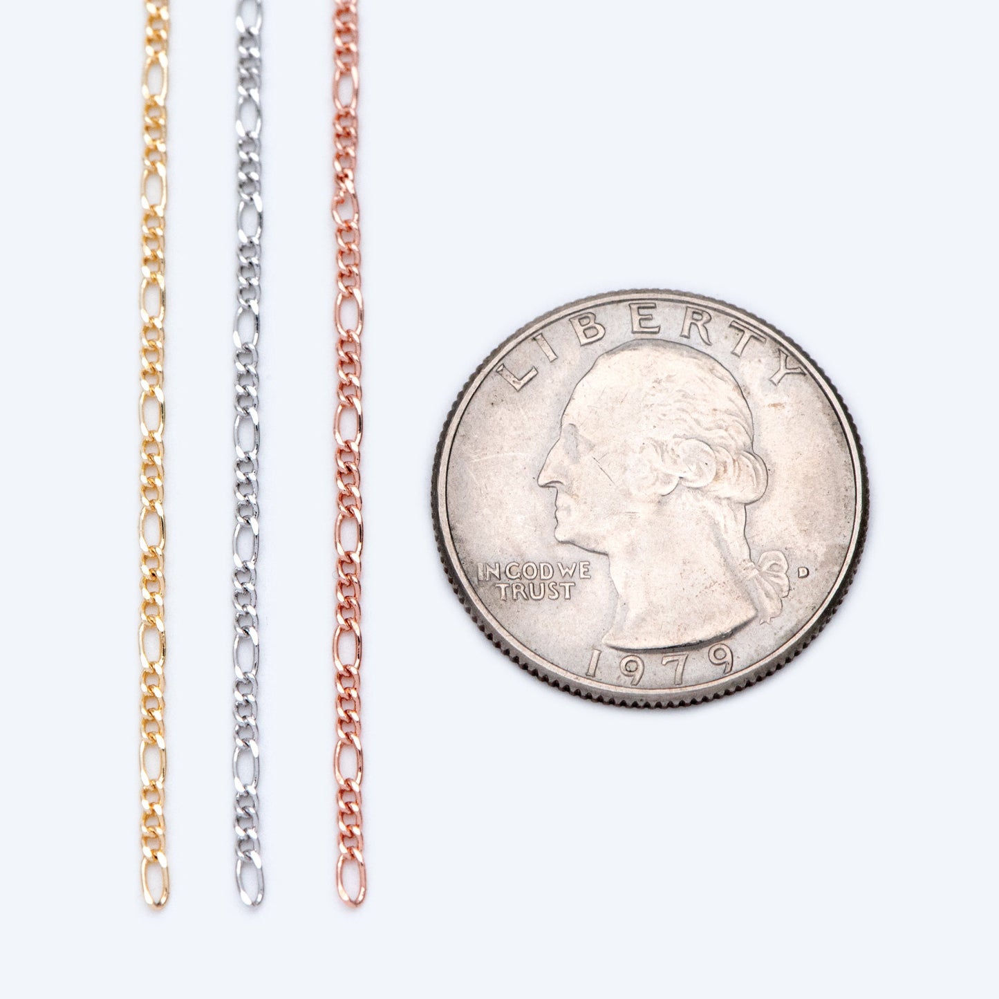 Gold/ Silver/ Rose God Figaro Chains, Real Gold/ Rhodium plated Brass, Color Not Easily Tarnish (#LK-168)/ 1 Meter=3.3 ft