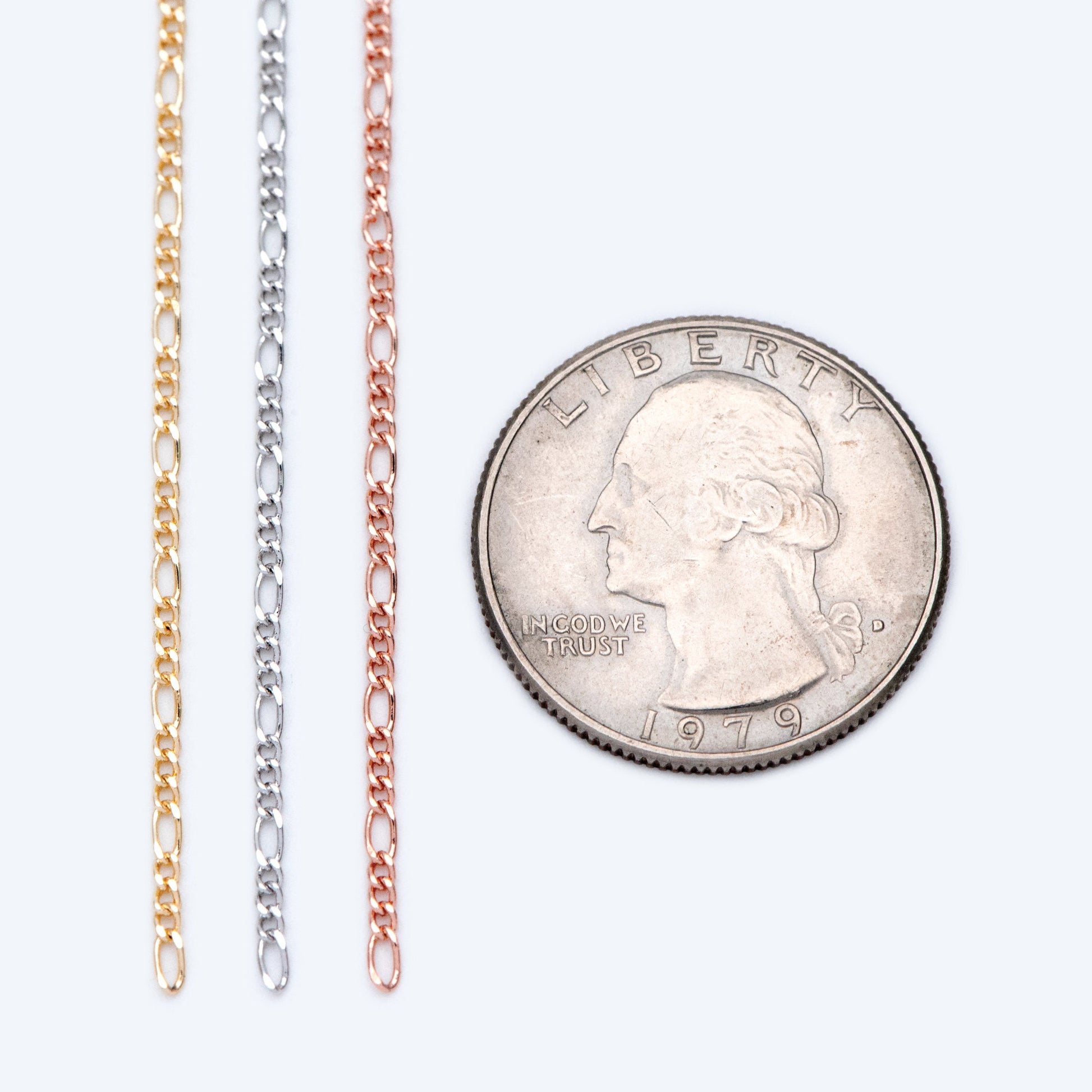 Gold/ Silver/ Rose God Figaro Chains, Real Gold/ Rhodium plated Brass, Color Not Easily Tarnish (#LK-168)/ 1 Meter=3.3 ft