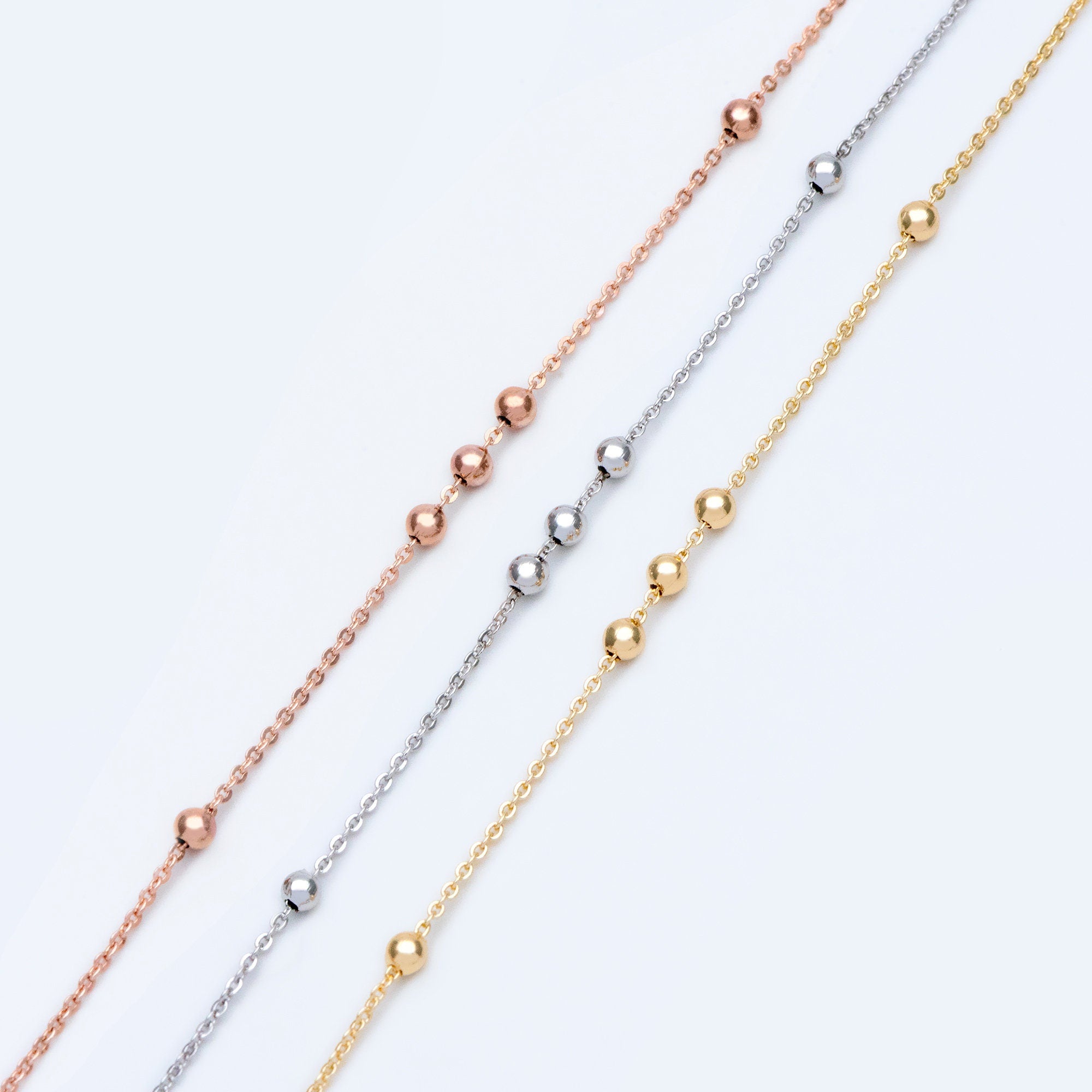 Gold/ Silver/ Rose Gold Beaded Chains, 1.3mm Chain with 3mm Ball Beads, Color Not Easily Tarnish (#LK-165)/ 1 Meter=3.3 ft