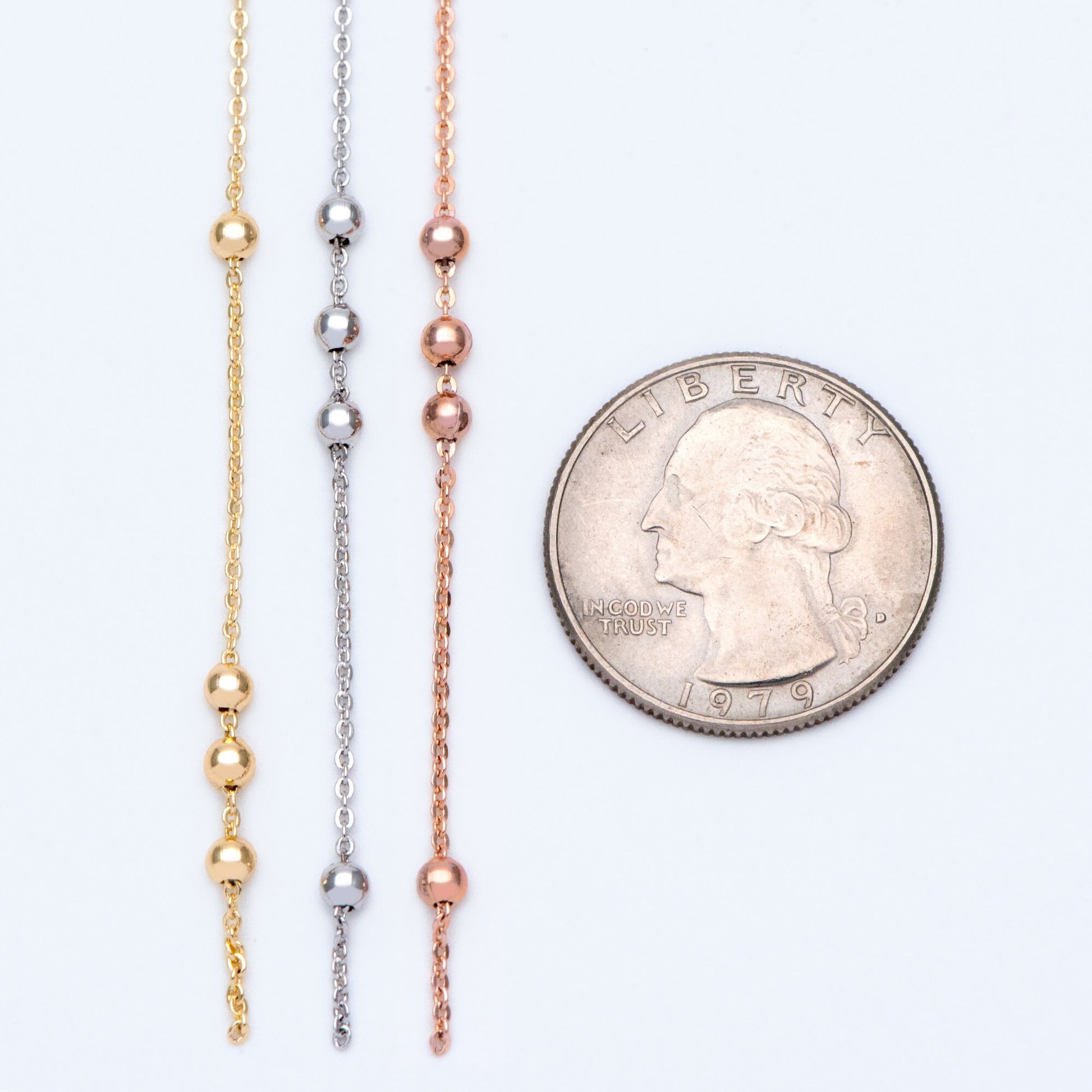 Gold/ Silver/ Rose Gold Beaded Chains, 1.3mm Chain with 3mm Ball Beads, Color Not Easily Tarnish (#LK-165)/ 1 Meter=3.3 ft