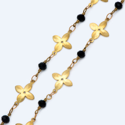 Raw Brass Flower Chain, Crystal Glass Beaded Chain (#LK-041)/ 1 Meter=3.3ft