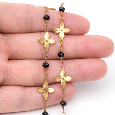 Raw Brass Flower Chain, Crystal Glass Beaded Chain (#LK-041)/ 1 Meter=3.3ft