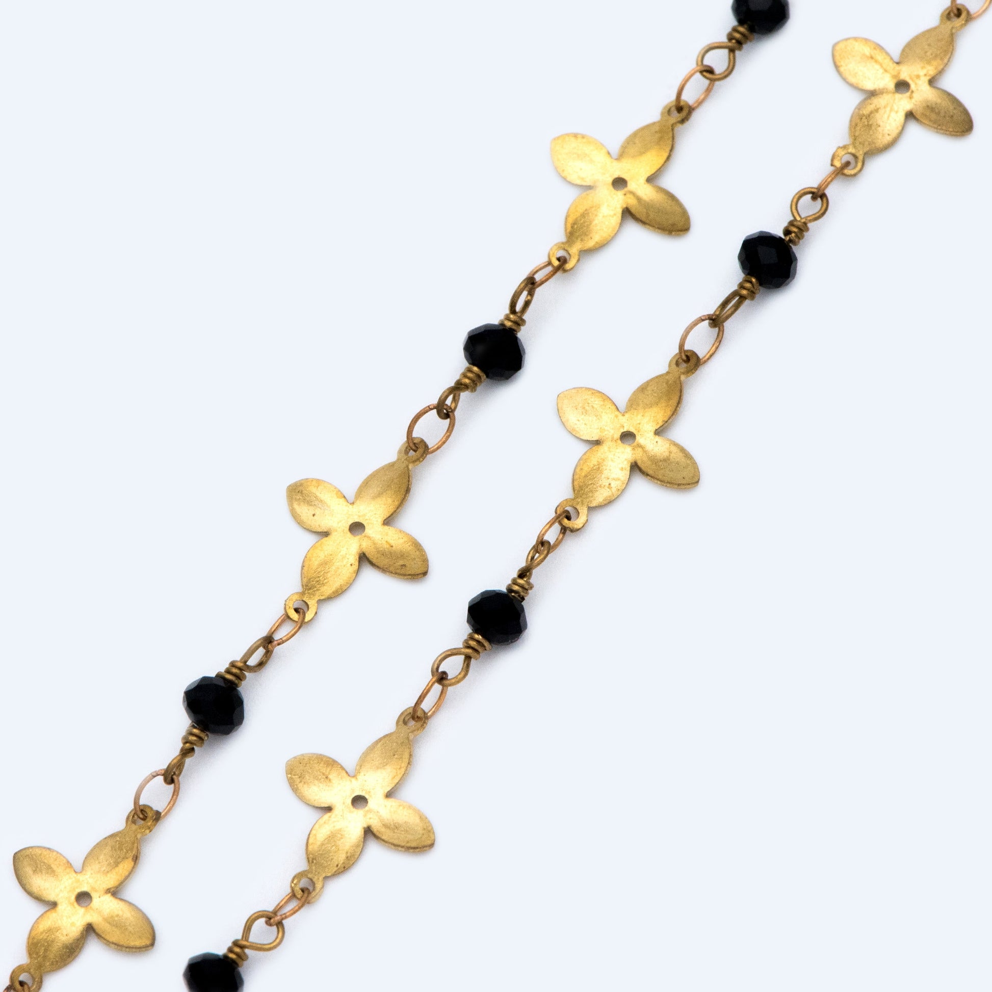 Raw Brass Flower Chain, Crystal Glass Beaded Chain (#LK-041)/ 1 Meter=3.3ft