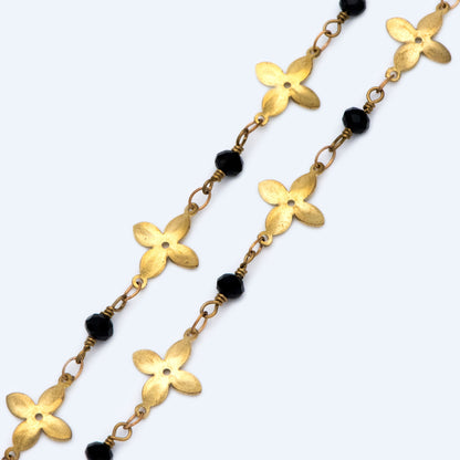 Raw Brass Flower Chain, Crystal Glass Beaded Chain (#LK-041)/ 1 Meter=3.3ft