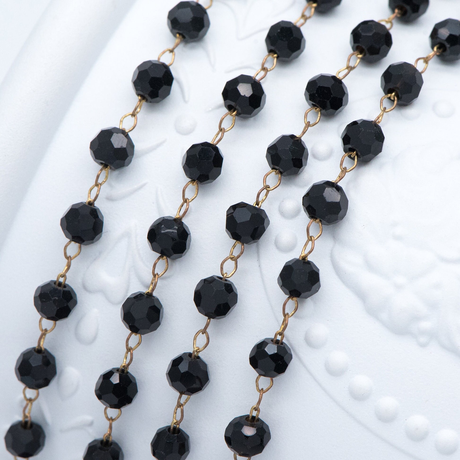 Crystal Faceted Round Bead Chain, Raw Brass Beaded Chains, 4mm Black (#LK-044-1)/ 1 Meter=3.3ft