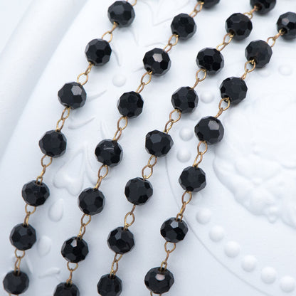 Crystal Faceted Round Bead Chain, Raw Brass Beaded Chains, 4mm Black (#LK-044-1)/ 1 Meter=3.3ft