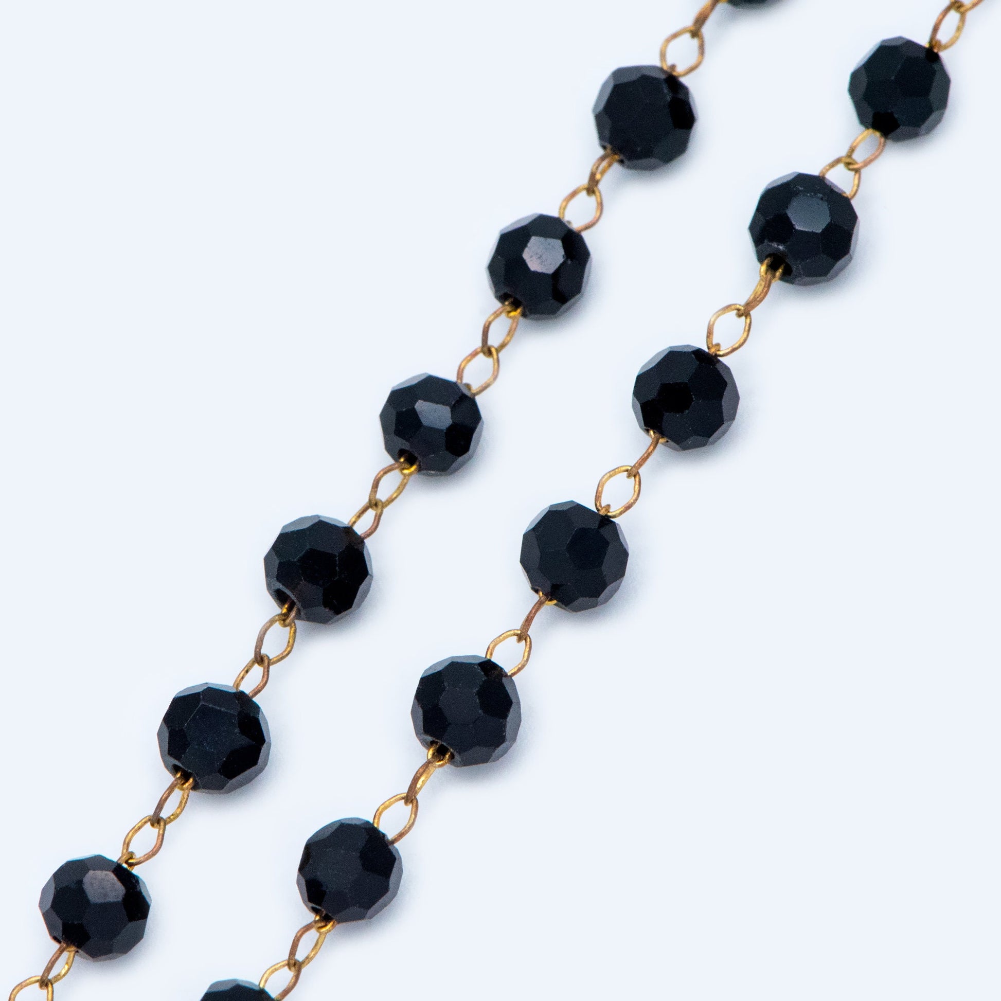 Crystal Faceted Round Bead Chain, Raw Brass Beaded Chains, 4mm Black (#LK-044-1)/ 1 Meter=3.3ft