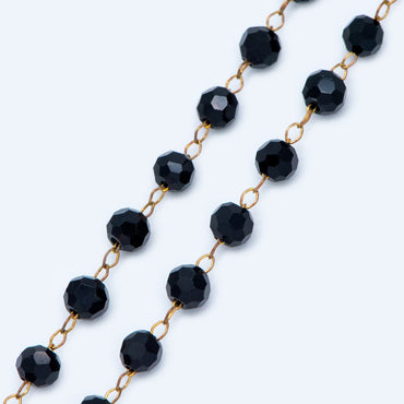 Crystal Faceted Round Bead Chain, Raw Brass Beaded Chains, 4mm Black (#LK-044-1)/ 1 Meter=3.3ft