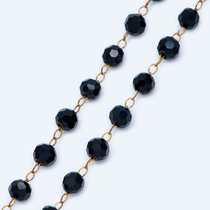 Crystal Faceted Round Bead Chain, Raw Brass Beaded Chains, 4mm Black (#LK-044-1)/ 1 Meter=3.3ft