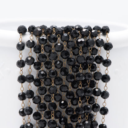 Crystal Faceted Round Bead Chain, Raw Brass Beaded Chains, 4mm Black (#LK-044-1)/ 1 Meter=3.3ft