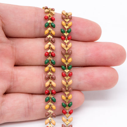 Rainbow Enamel Brass Arrow Chain 6mm, Flat Chevron Chain, Herringbone Fish bone Designer Chain (#LK-046-2)/ 1 Meter=3.3ft