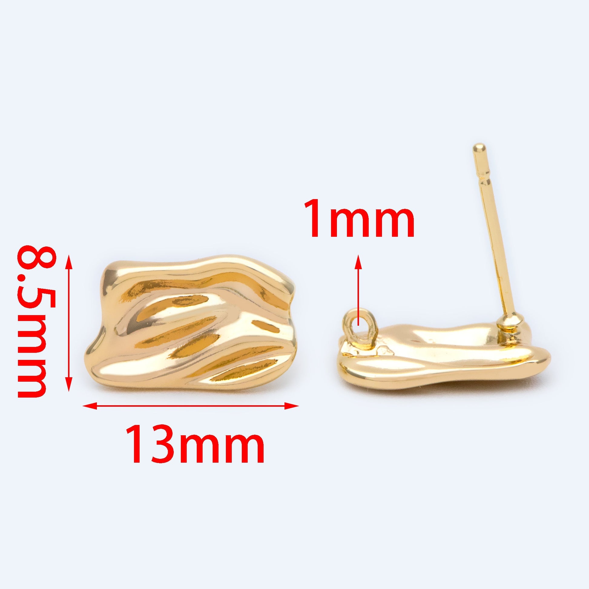 10pcs Gold Waved Rectangle Earring with Loop, 13x8.5mm, 18K Gold plated Brass, Geometric Stud Earring Components (GB-1296)