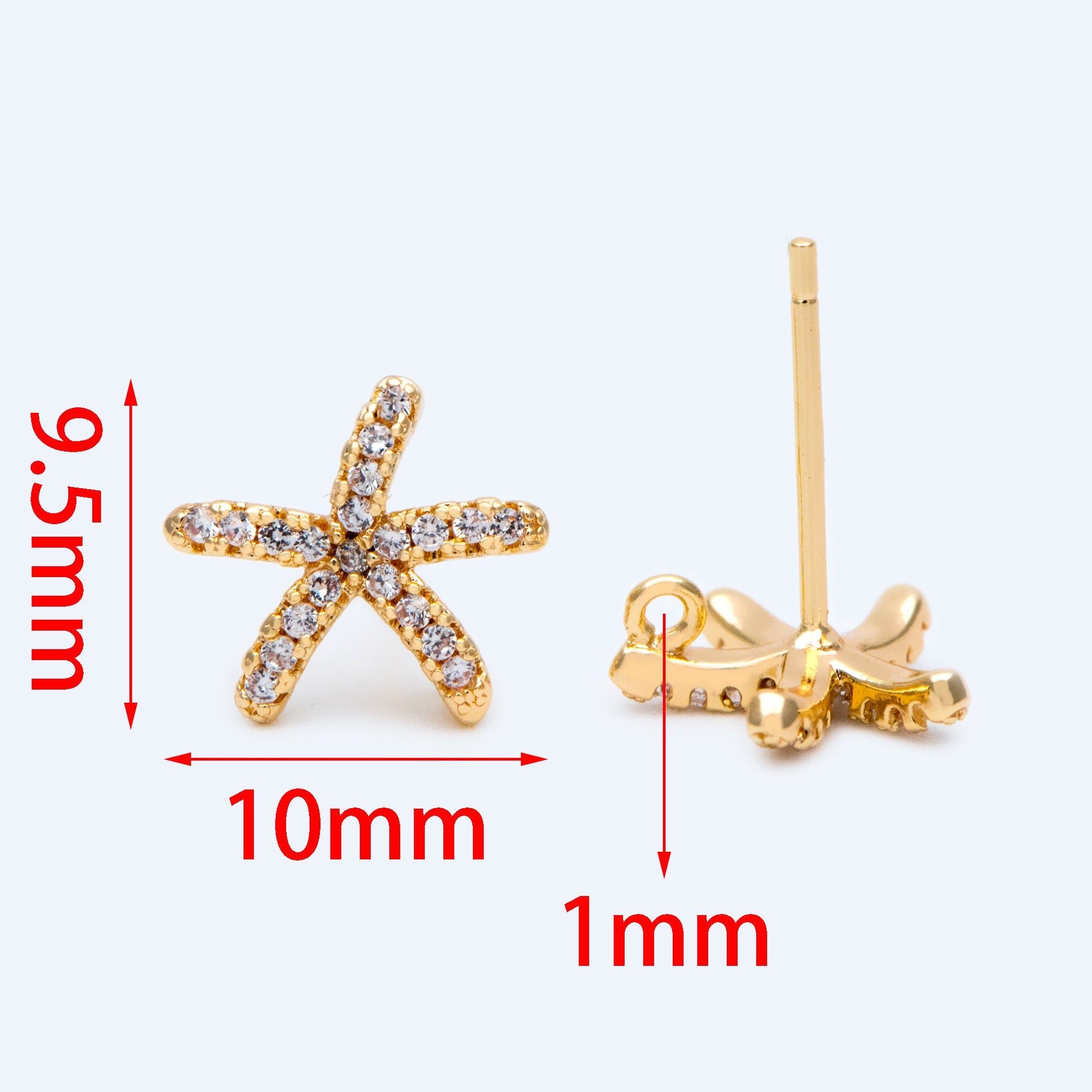 10pcs CZ Pave Starfish Ear Post with Loop, Real Gold Plated Brass Star Stud Earrings (#GB-1304)