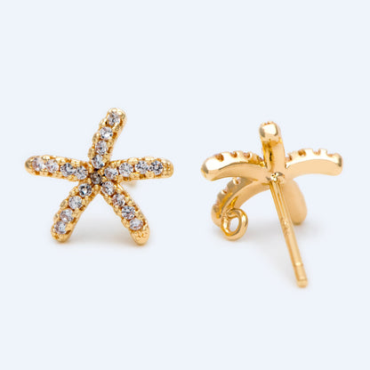 10pcs CZ Pave Starfish Ear Post with Loop, Real Gold Plated Brass Star Stud Earrings (#GB-1304)