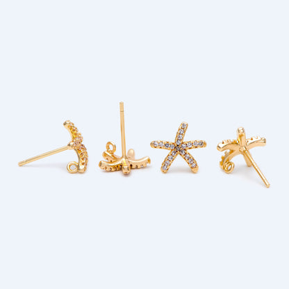 10pcs CZ Pave Starfish Ear Post with Loop, Real Gold Plated Brass Star Stud Earrings (#GB-1304)