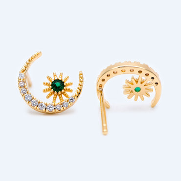 10pcs CZ Pave Moon Ear Posts 10.5x9mm, Real Gold Plated Brass Stud Earrings (#GB-1309)