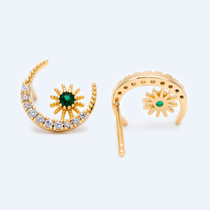 10pcs CZ Pave Moon Ear Posts 10.5x9mm, Real Gold Plated Brass Stud Earrings (#GB-1309)