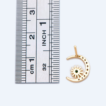 10pcs CZ Pave Moon Ear Posts 10.5x9mm, Real Gold Plated Brass Stud Earrings (#GB-1309)