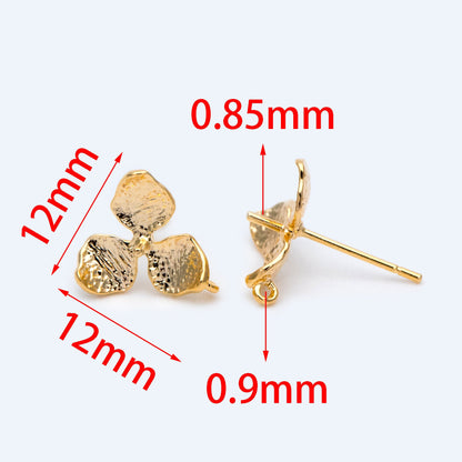 10pcs Gold plated Brass Flower Earring Post, Half Drilled Pearl Mounts , 12mm Floral Stud Earring with Loop (GB-1323)