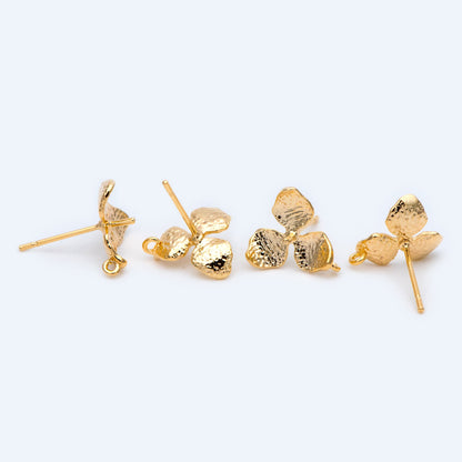 10pcs Gold plated Brass Flower Earring Post, Half Drilled Pearl Mounts , 12mm Floral Stud Earring with Loop (GB-1323)