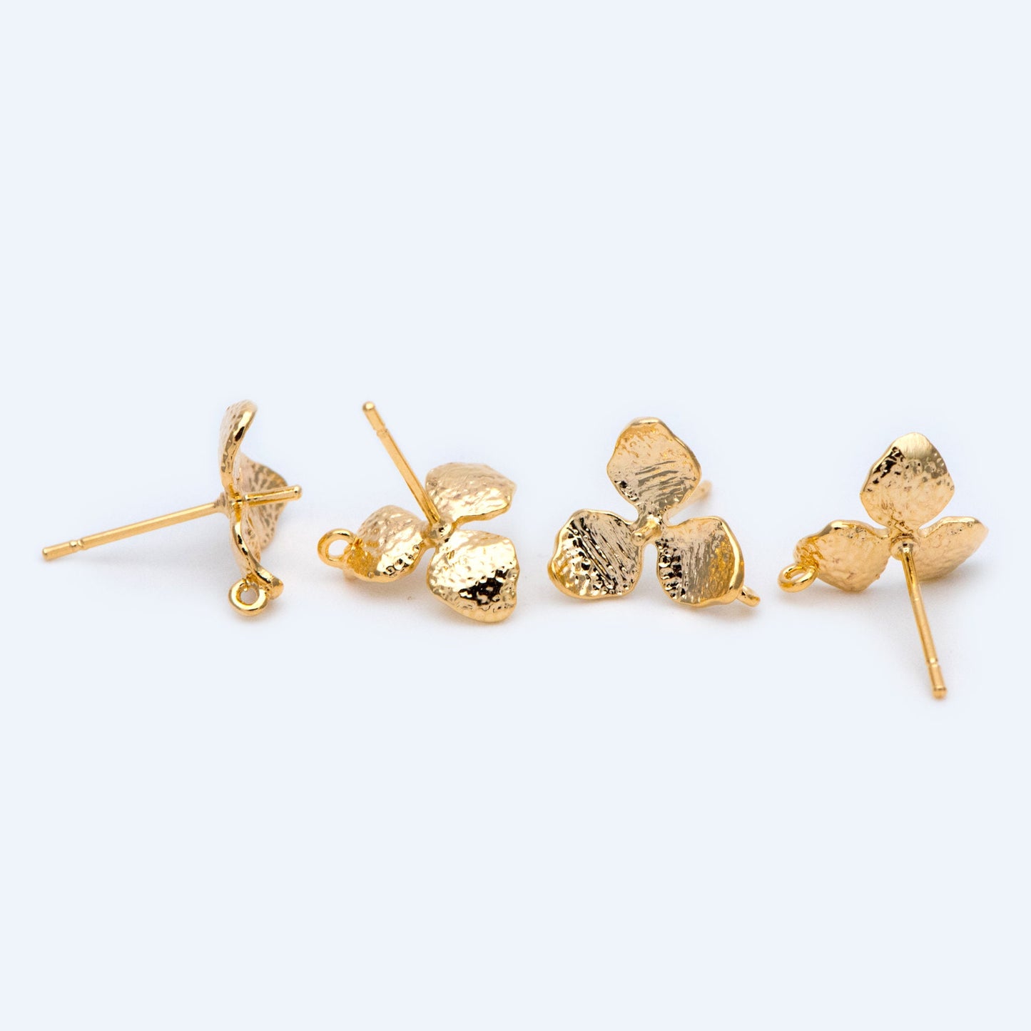 10pcs Gold plated Brass Flower Earring Post, Half Drilled Pearl Mounts , 12mm Floral Stud Earring with Loop (GB-1323)