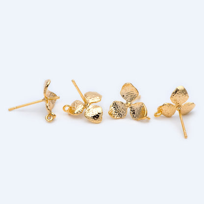 10pcs Gold plated Brass Flower Earring Post, Half Drilled Pearl Mounts , 12mm Floral Stud Earring with Loop (GB-1323)
