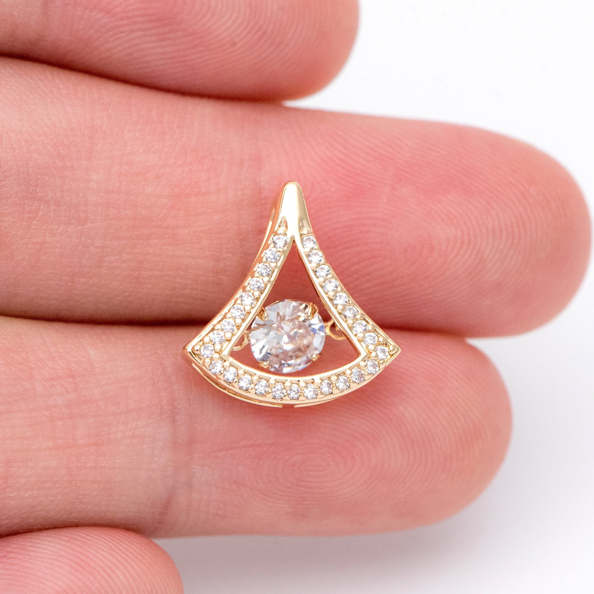 4pcs CZ Pave Gold Fan Shaped Charm 15x14mm, 18K Gold plated Gingko Leaf charm (GB-3118-I)