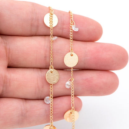 Gold Chain with Disc and CZ Charms, Curb Chain with Brushed Gold Disk, Lead Nickel Free (#LK-220-1)/ 1 Meter=3.3ft